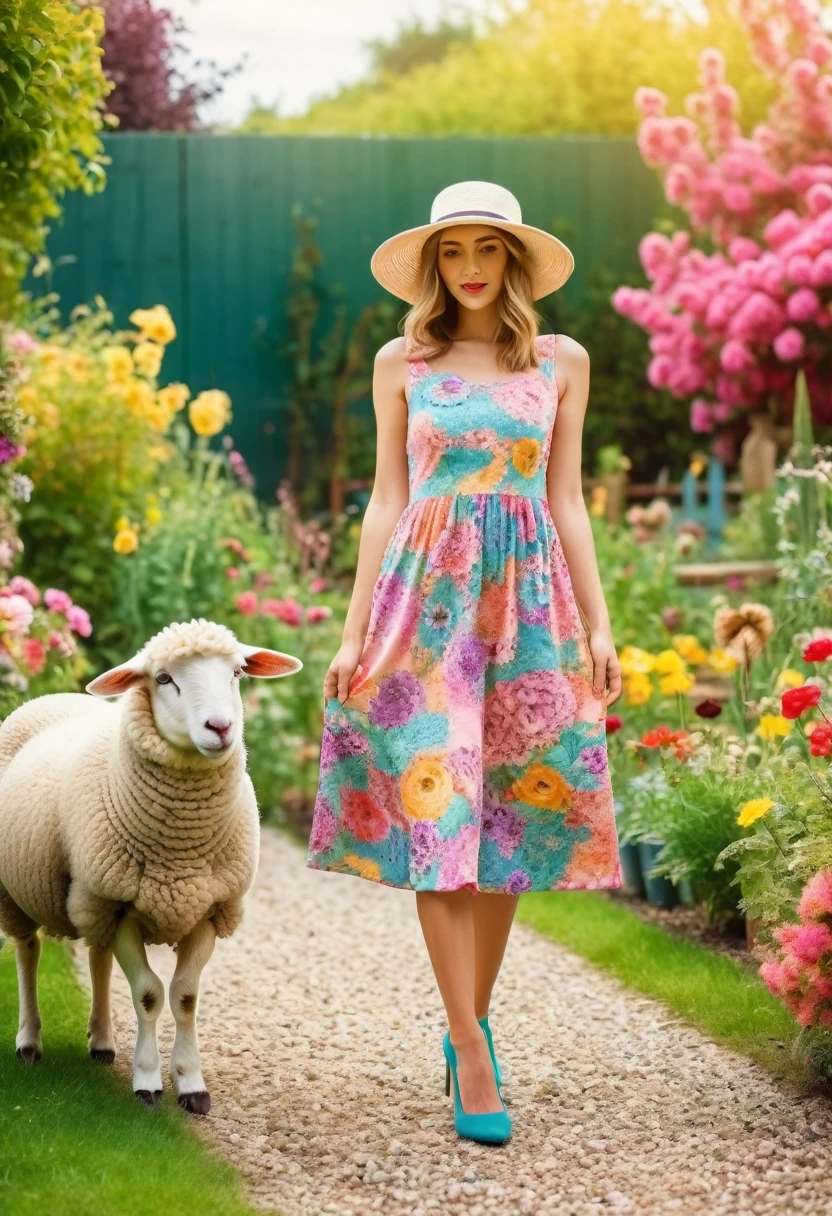woman with cute sheep, the woman wears a dress, hat and heels, behind there is a garden, 90s effect, colorful image but with low intensity,