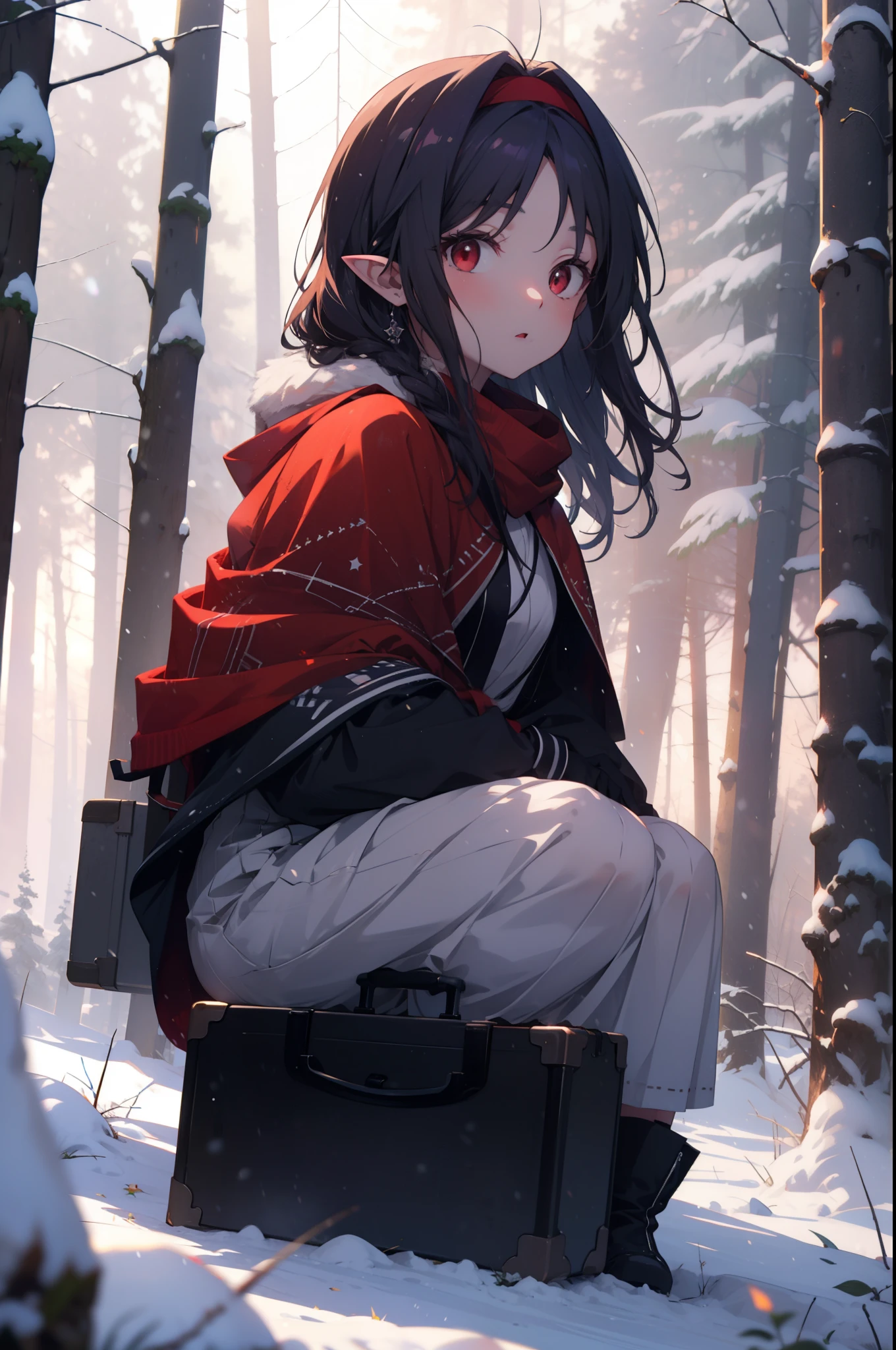 yuukikonno, Yuki Konno, hair band, Long Hair, Pointy Ears, Purple Hair, (Red eyes:1.5), (Small breasts:1.2), Open your mouth,snow, A bonfire is being built on the ground. Outdoors, boots, snowing, From the side, wood, suitcase, Cape, Blurred, forest, gloves, nature, Brown eyes, Squat, Mouth closed, 食べ物ed Cape, winter, Written boundary depth,  red Cape
break looking at viewer, Upper Body, whole body,
break 屋外, forest, nature,
break (masterpiece:1.2), highest quality, High resolution, unity 8k wallpaper, (shape:0.8), (Beautiful and beautiful eyes:1.6), Highly detailed face, Perfect lighting, Extremely detailed CG, (Perfect hands, Perfect ???????),