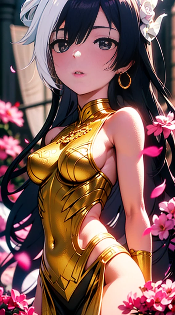 Alafi wears white and gold clothing,There is a pink flower on it, detailed digital anime art, detailed anime art, detailed anime artwork, 8k high quality detailed art, intricate ornate anime cgi style, beautiful armor, sliver ice color reflected armor, anime art wallpaper 4k, anime art wallpaper 4 k, stunning armor, detailed key anime art, anime fantasy artwork