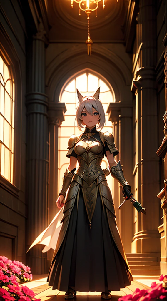 Alafi wears white and gold clothing，There is a pink flower on it, detailed digital anime art, detailed anime art, detailed anime artwork, 8k high quality detailed art, intricate ornate anime cgi style, beautiful armor, sliver ice color reflected armor, anime art wallpaper 4k, anime art wallpaper 4 k, stunning armor, detailed key anime art, anime fantasy artwork