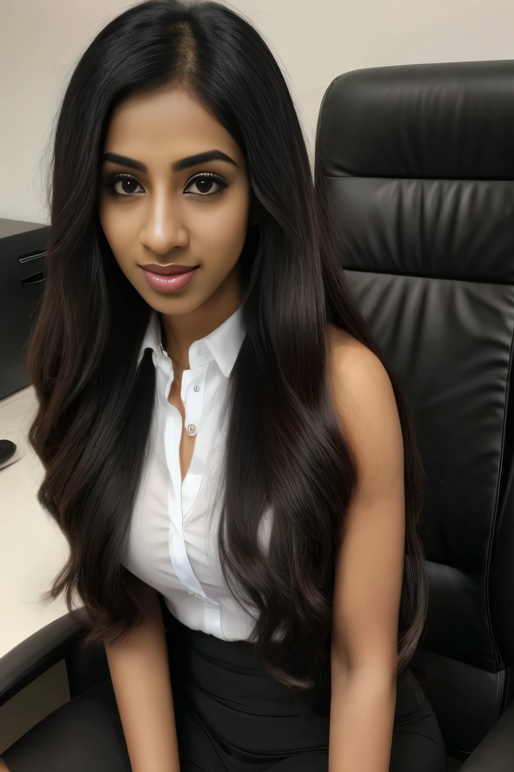 Perfect south asian woman, super long hair, dark hair, nose ring, dark skin, perfect lips, centerfold, modeling in a office, big face, 2010s, secretary, suit, professional, huge breasts 