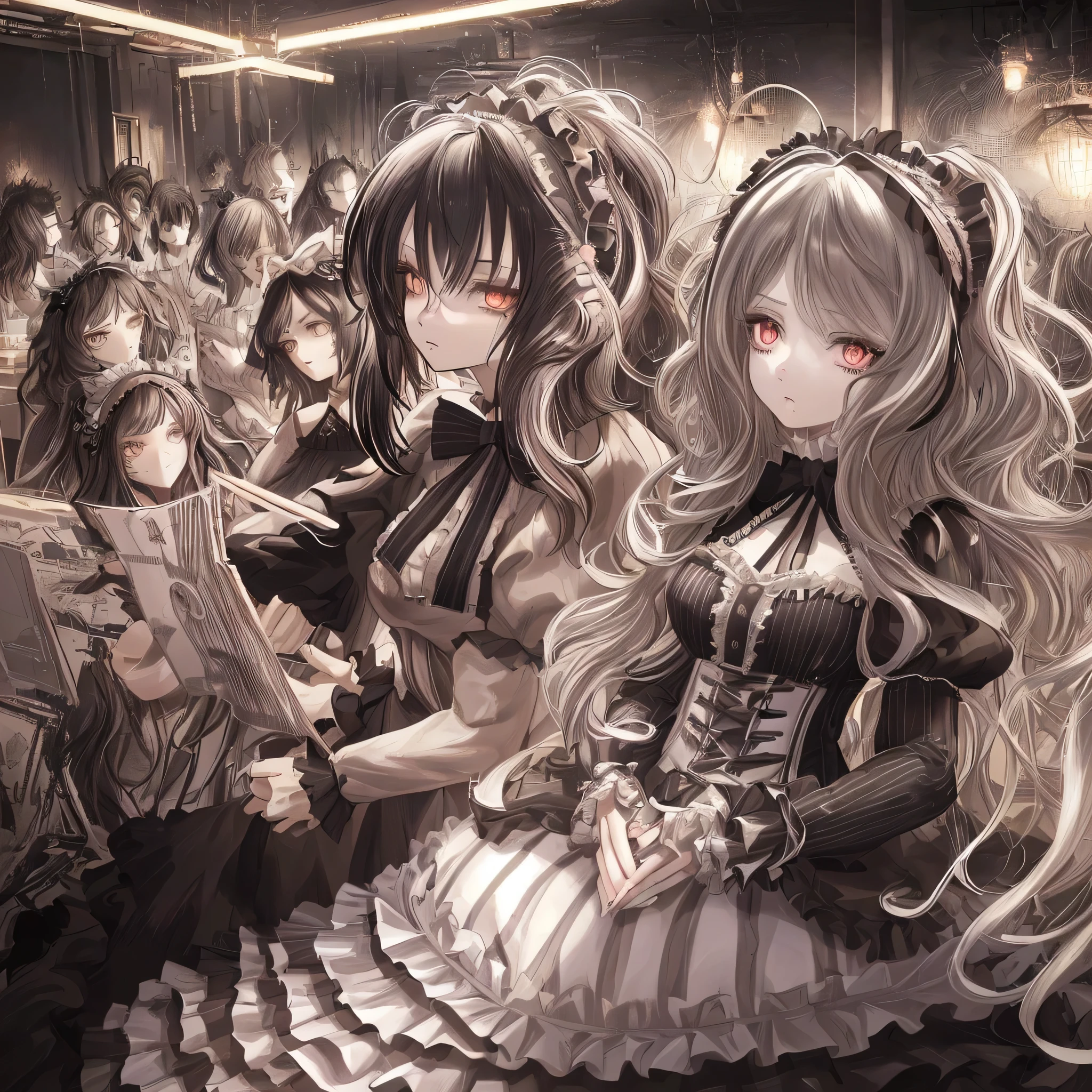 Striped Hair, Messy Hair, Big Hair, ((Expressive hair)), Lolita Hairband, Cinema Lighting, Bust Chart, First Person View, Ultra-high resolution, (((masterpiece, Textured skin))), (Super Detail), Attention to detail, high quality, ((最high quality)), 16k, Gothic Lolita Costumes, Upturned eyes, pretty girl, Ruffled dress