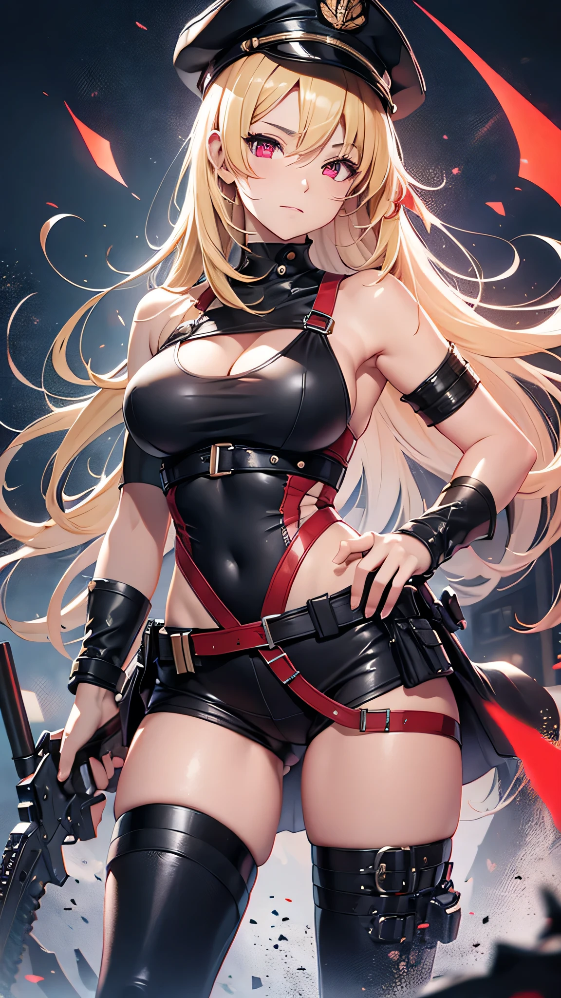 最high quality、Best image quality、masterpiece、girl((Age 25、 By becoming、Best Bust、Medium Bust,Wide open breast tea、Red glowing eyes,Blonde、Red Mesh、Disheveled Hair、Lointail、thin,The highest valley、Open chest、Luminous Wristbands、hair ornaments、Show the whole body,Black tank top、Red Bandana、Shortuscular、revolver、scar、Military Cap、Shooting Pose、Full body scar、Fighting Pose、Short sleeve jacket)),high quality、Beautiful art、background((Photography room))、Flight、Flying debris、Written boundary depth、movie、Visual Arts、Perfect art、8K,Genuine,