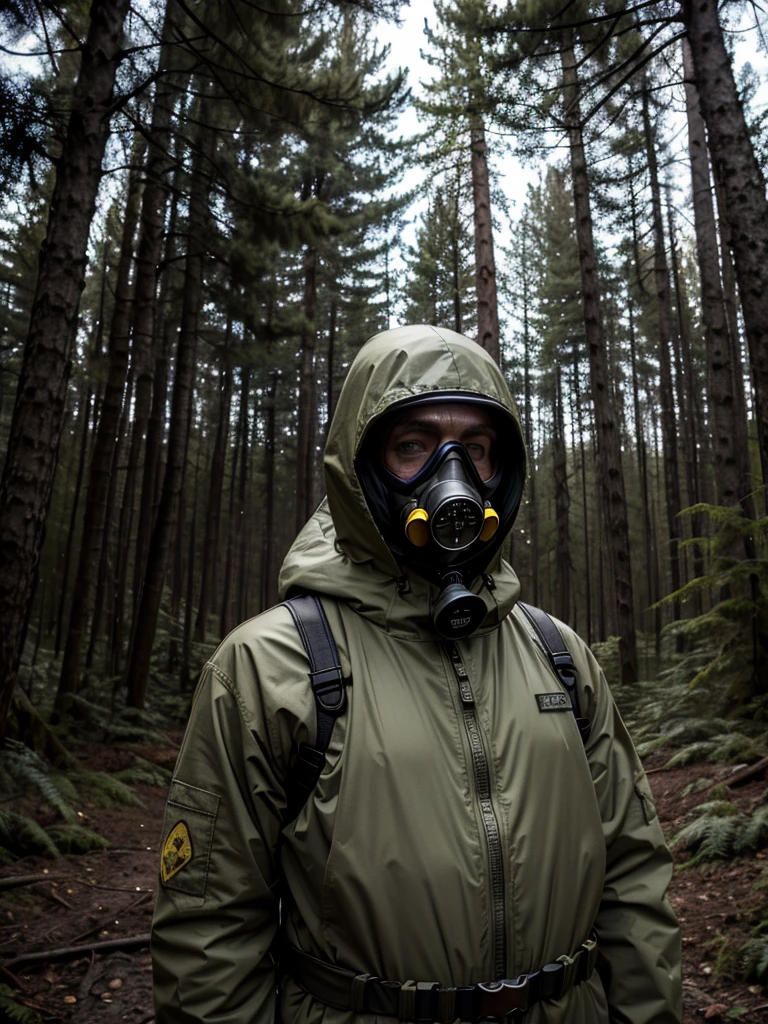 raw photo, stalker style, exclusion zone, man in a chemical protection suit, military, hood, gas mask, in a radiation zone, in a radioactive forest, dead forest, looking at the camera, gloomy lighting, dark colors,