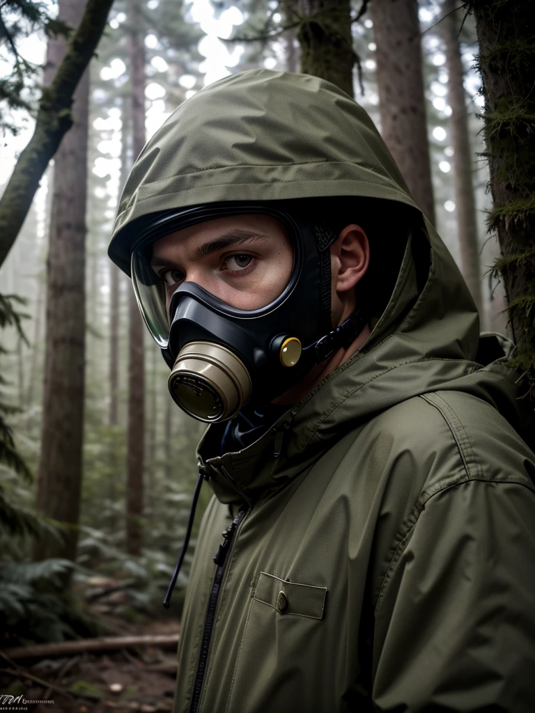 raw photo, stalker style, exclusion zone, man in a chemical protection suit, military, hood, gas mask, in a radiation zone, in a radioactive forest, dead forest, looking at the camera, gloomy lighting, dark colors,