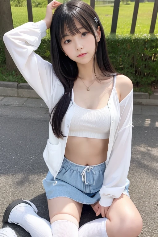 8k,Japanese,9 years old,Childish,Innocent face,Innocent look,Teenage Girl,cute,spring-like clothes,Spring weather,Casual wear,Black Hair,Riverside Park,Sitting,Thighs,Décolletage、Absolute area、Thighsの付け根、Chest、Knee-high socks、Her belly button is visible、I can see your tummy
