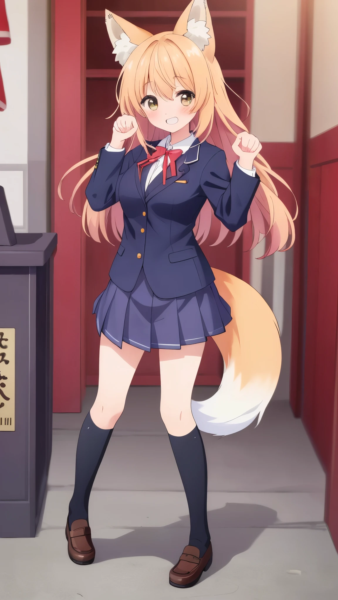 (((masterpiece, highest quality, High resolution,8k))),fox ear,fox tail,paw pose,,Shy laugh,shrine,((School Uniform)),blazer,Thigh-high socks