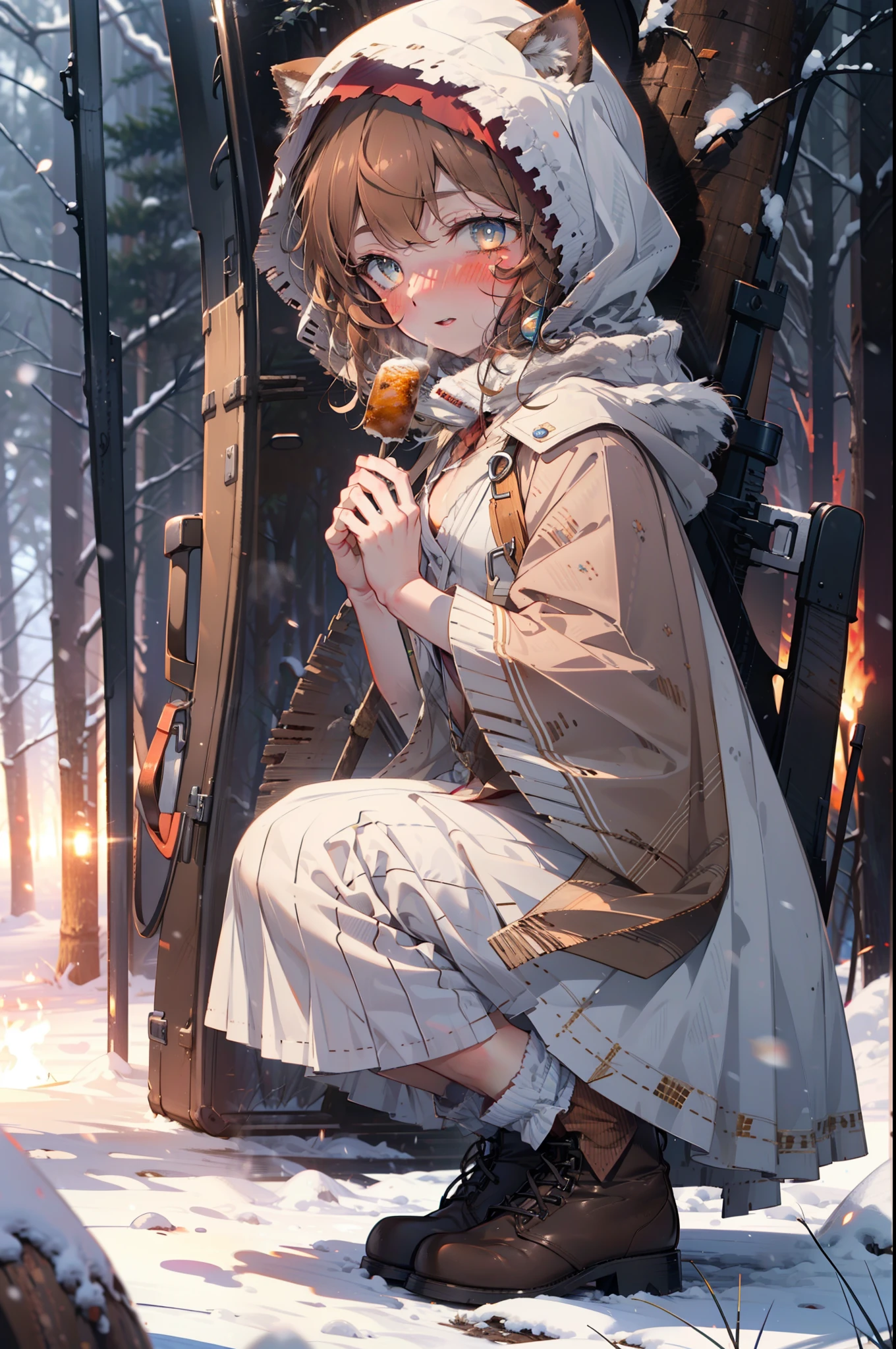 Lililukarde, Liliruka gets burned, Animal ears, (Brown eyes:1.7), Brown Hair, (Flat Chest:1.2), short hair,smile,blush,White Breath,
Open your mouth,snow,Ground bonfire, Outdoor, boots, snowing, From the side, wood, suitcase, Cape, Blurred, having meal, forest, White handbag, nature, Squat, Mouth closed, Cape, winter, Written boundary depth, Black shoes, red Cape break looking at viewer, Upper Body, whole body, break Outdoor, forest, nature, break (masterpiece:1.2), highest quality, High resolution, unity 8k wallpaper, (shape:0.8), (Beautiful and beautiful eyes:1.6), Highly detailed face, Perfect lighting, Extremely detailed CG, (Perfect hands, Perfect Anatomy),