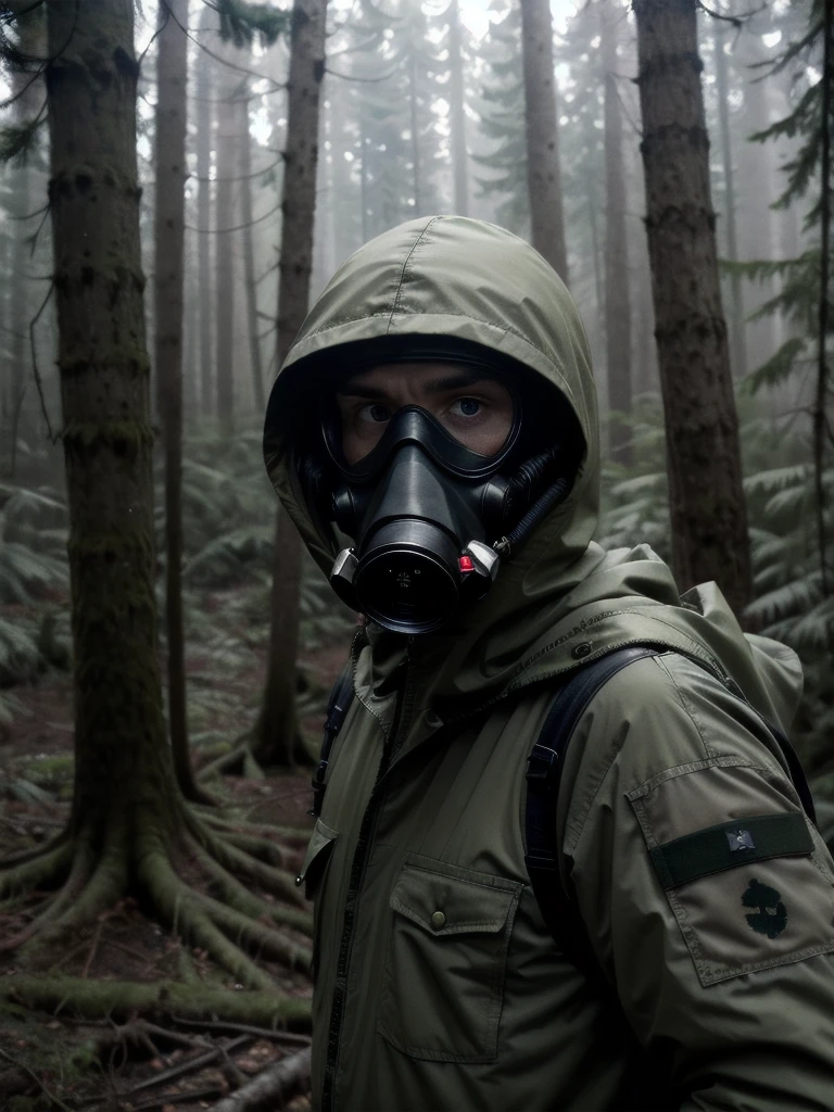 raw photo, stalker style, exclusion zone, man in a chemical protection suit, military, hood, gas mask, in a radiation zone, in a radioactive forest, dead forest, looking at the camera, gloomy lighting, dark colors,