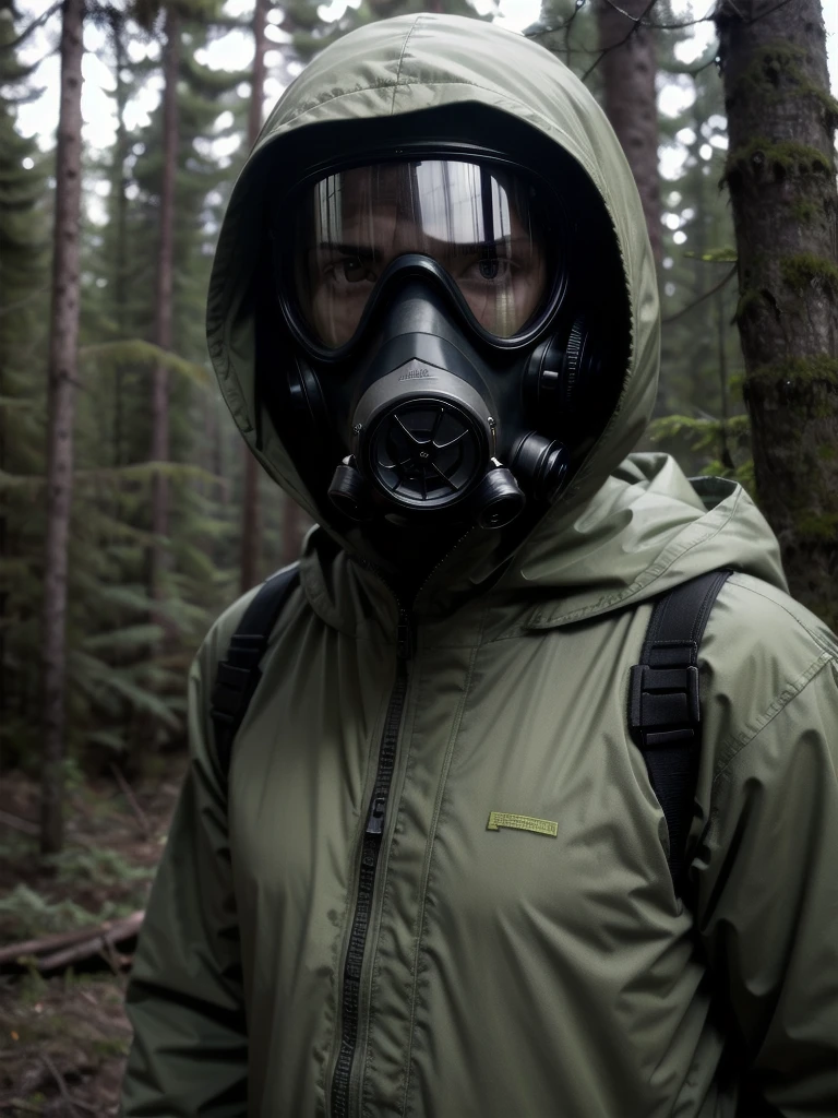 raw photo, stalker style, exclusion zone, man in a chemical protection suit, military, hood, gas mask, in a radiation zone, in a radioactive forest, dead forest, looking at the camera, gloomy lighting, dark colors,
