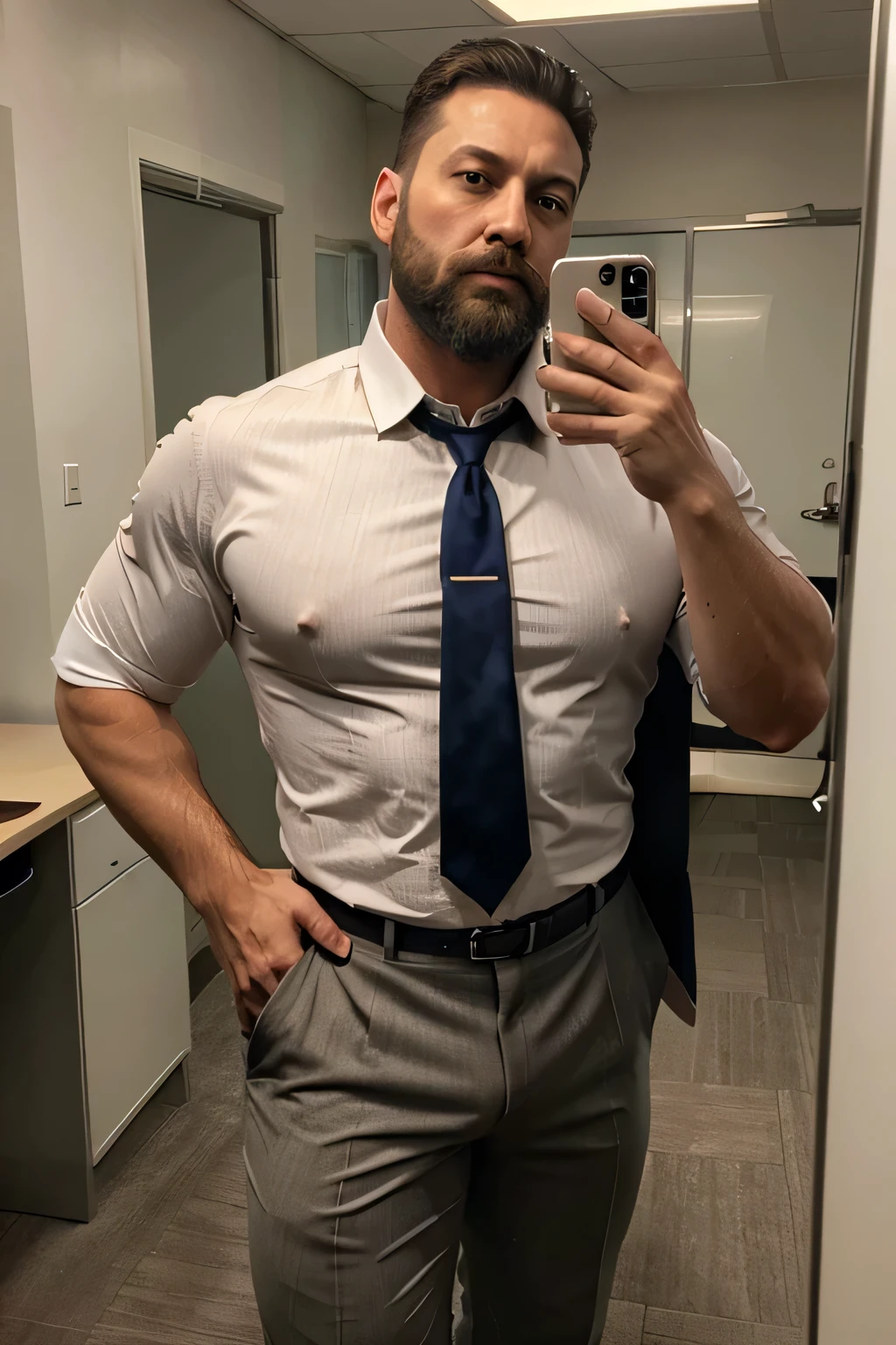 45 years old, muscular, daddy, big bulge, suit trousers, big beard, horny, boss, office, thick, thick thighs, big chest, muscular chest, bulge, muscles, shirt and tie, dress shirt, formal shirt, mature, hd, realistic, At work, big beard and moustache, no jacket, no waistcoat, dress shirt and trousers only, sexy shirt, taking a mirror selfie