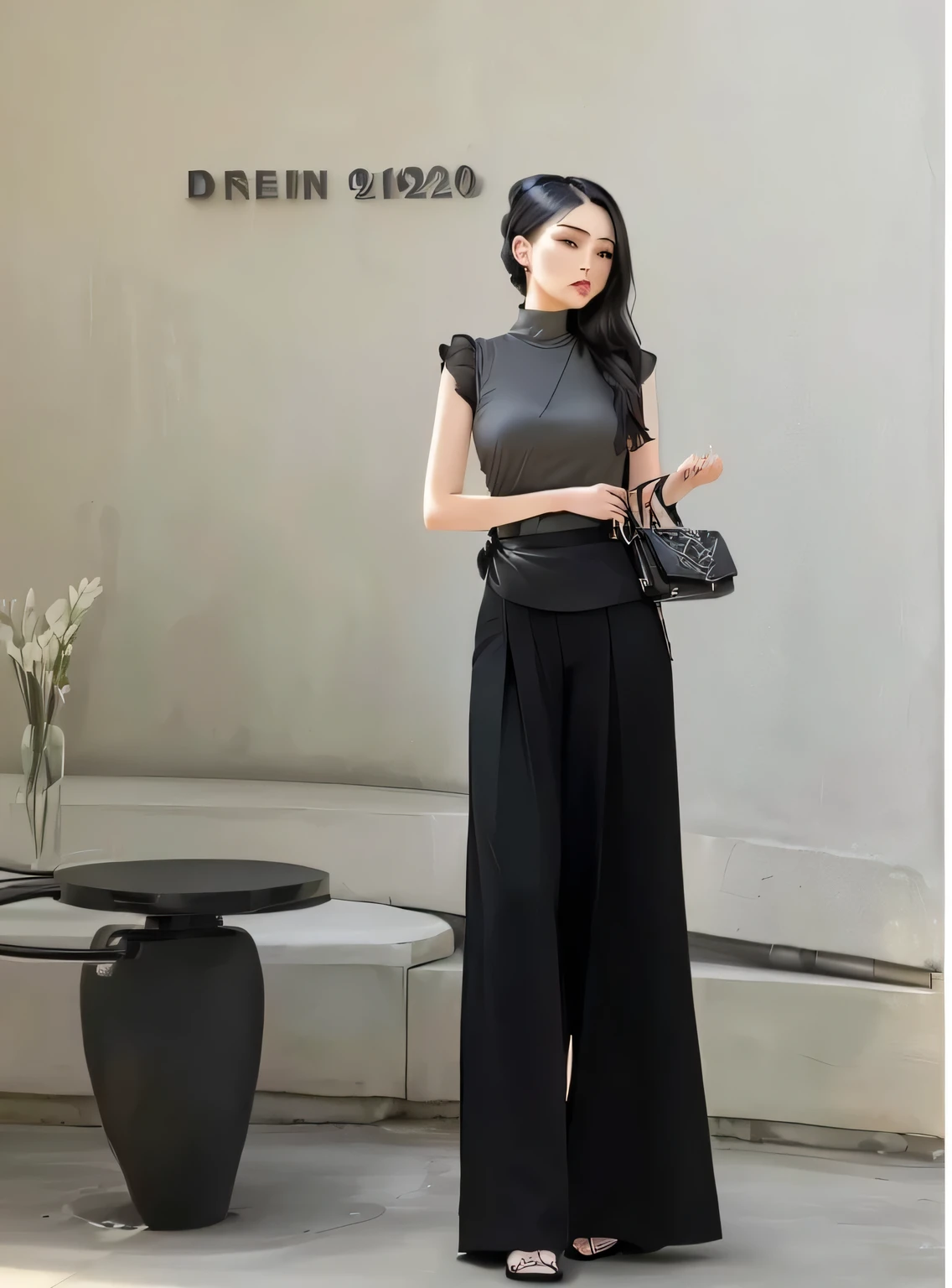 arafed woman in Black pants and a gray top holding a purse, 2020 fashion, Casual Modern Clothing, woman, wide leg hakama trousers, Modern casual clothing, Designer, Black, grey, Home, Wearing long, flowing clothes, elegant asymmetrical, with Black, picture, In 1920, 2447