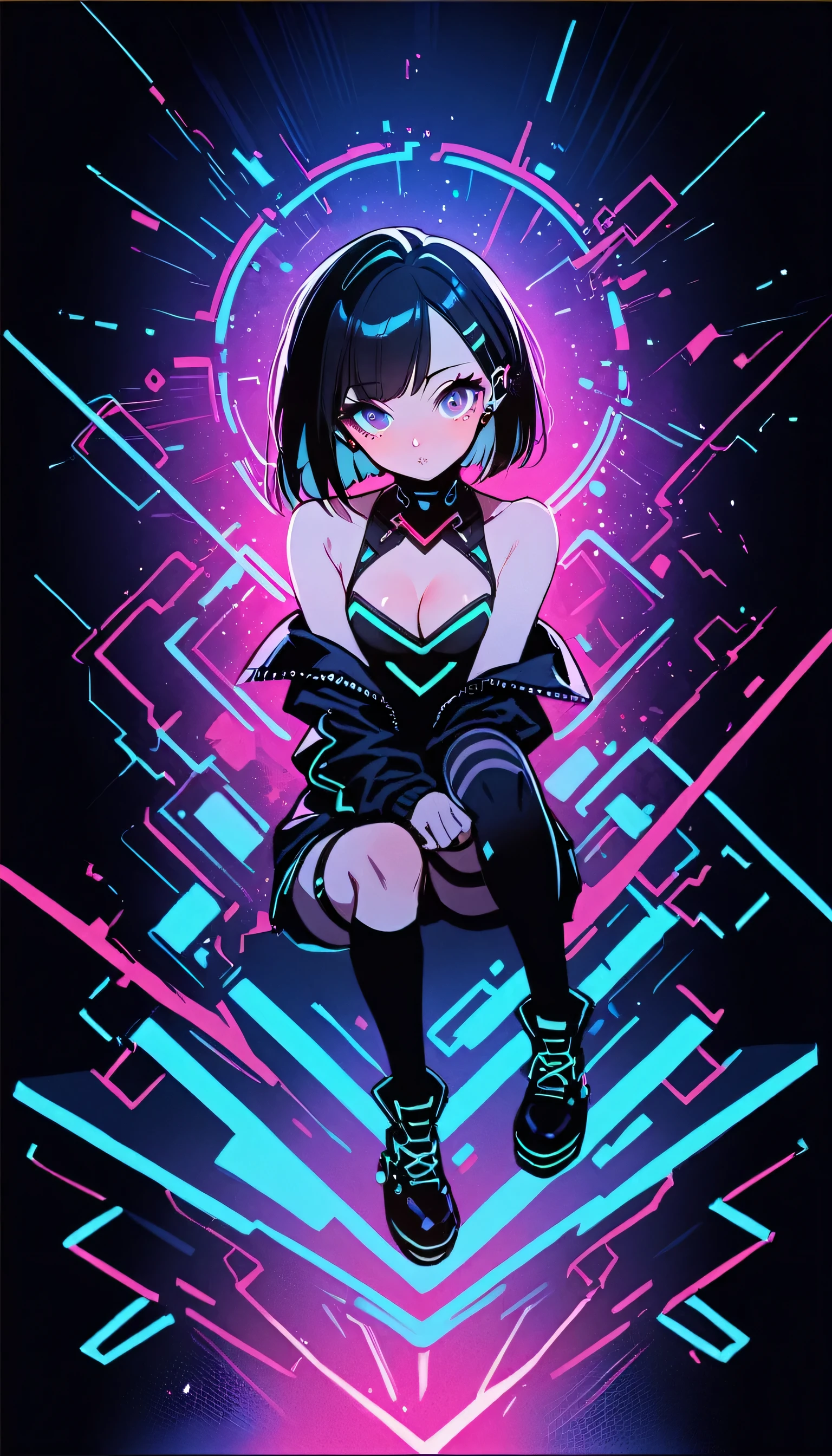 One girl, cyber punk, (whole body:1.1), Knee socks, Cleavage, Perfect Eyes, Perfect Face, Kuvshinov, Cyberpunk City,neon