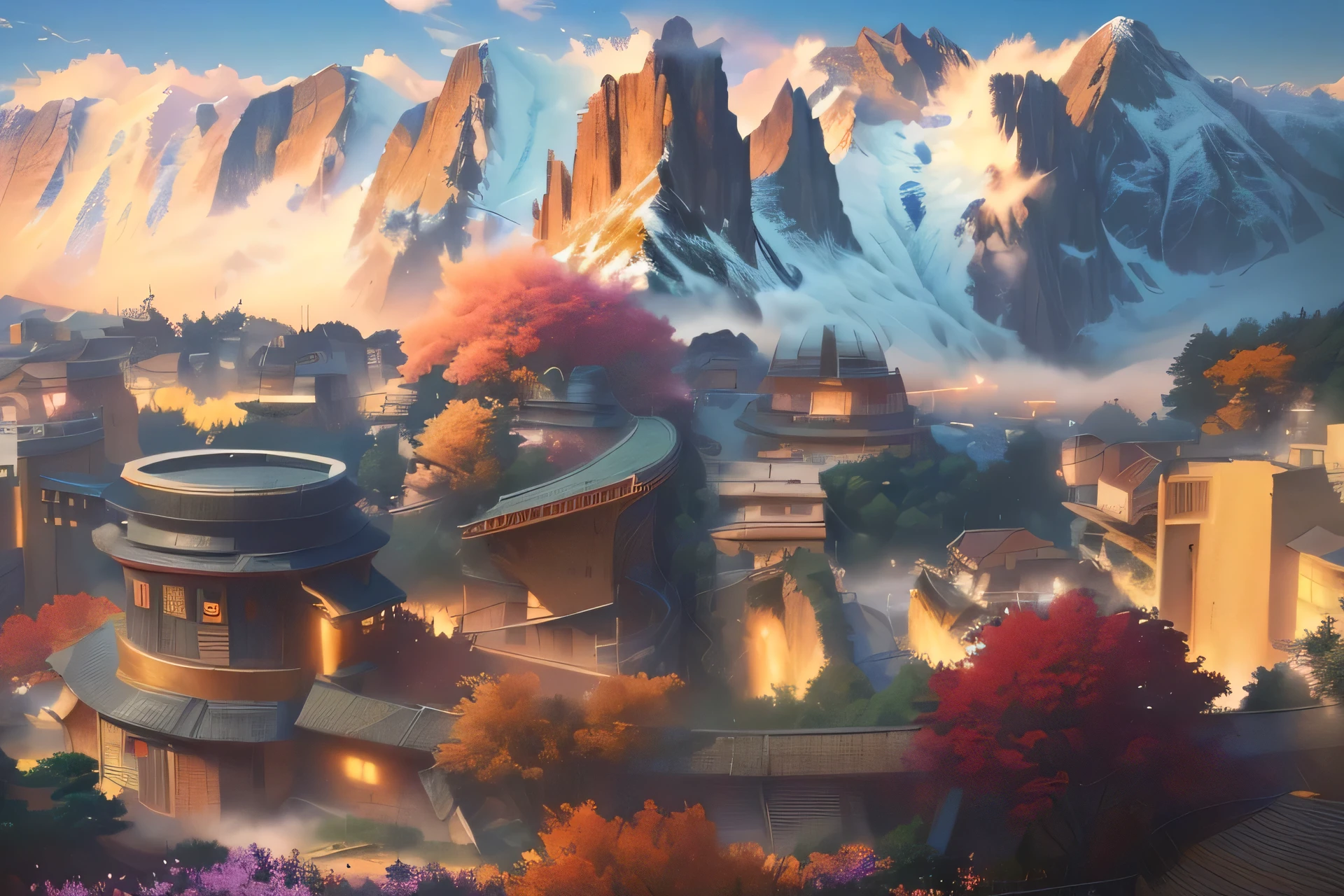 (best quality,4k,8k,highres,masterpiece:1.2),ultra-detailed,(realistic,photorealistic,photo-realistic:1.37),3D modeling,(cityscape,urban landscape,urban view),(mountain background,mountainous backdrop),mountain scenery,dojo on the mountain,official artwork,official concept art,(Naruto,Naruto Shippuden,Naruto anime) art style,(official,officially licensed) art,(detailed background,background artwork),background design,anime background art,anime scenic view,stylized concept art,town scenery,Avatar-like scenery