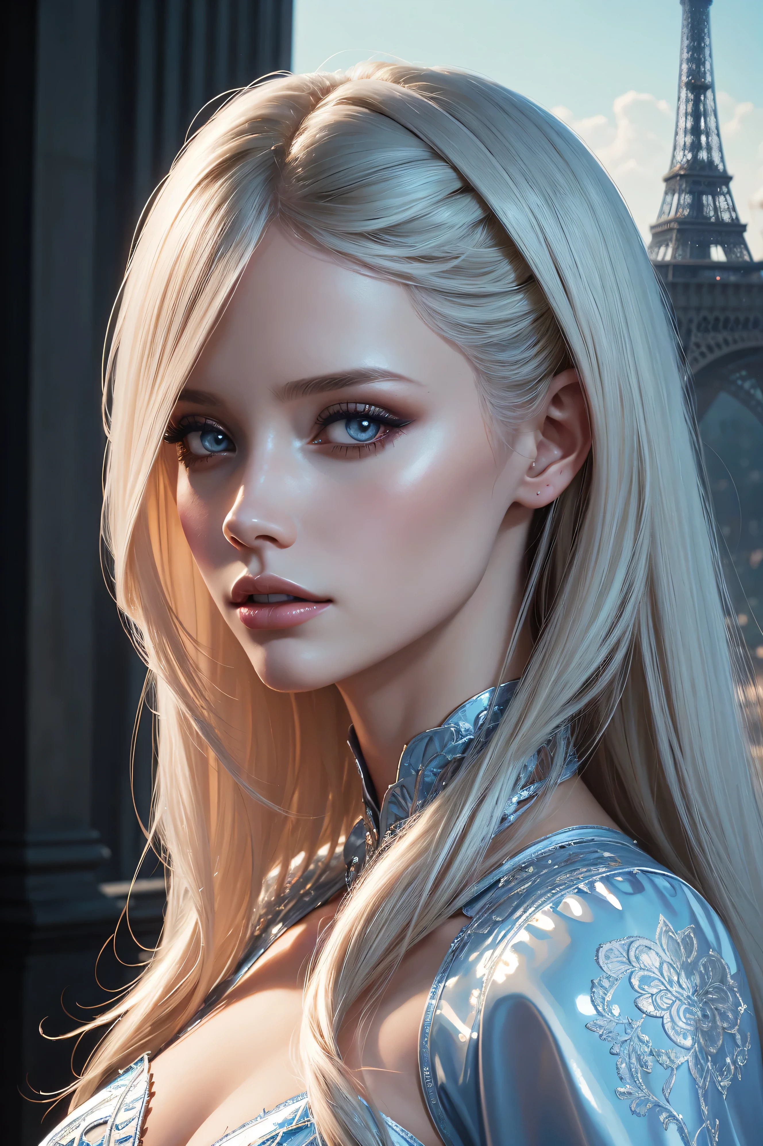 portrait Abbey Lee wearing Cinderella latex, against the background of the Eiffel Tower, character portrait, 3 9 9 0 s, long hair, intricate, elegant, highly detailed, digital painting, artstation, concept art, smooth, sharp focus, illustration, art by wlop, charlie bowater and alexandra fomina