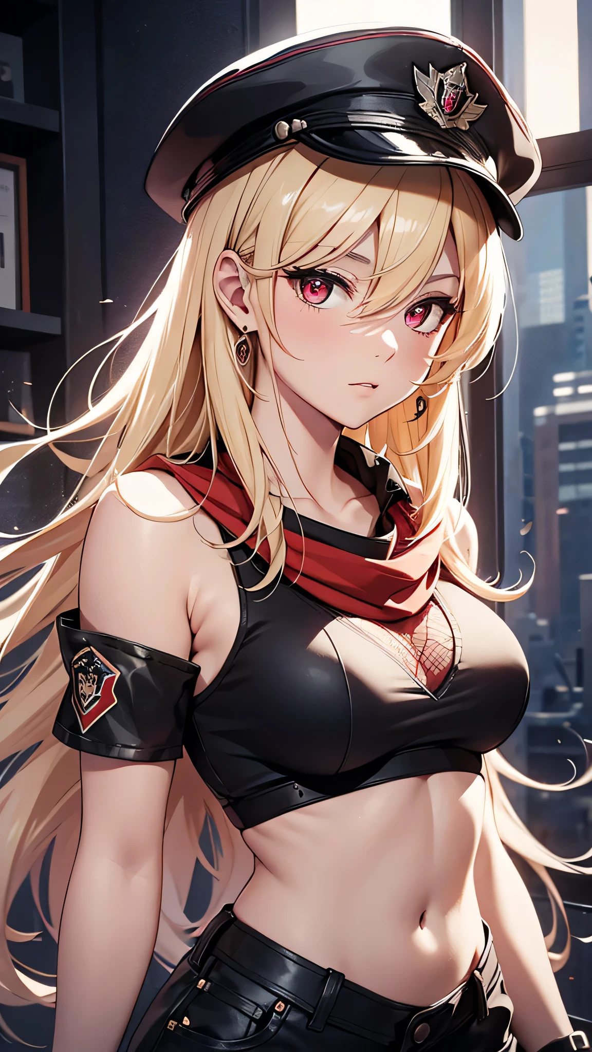 最high quality、Best image quality、masterpiece、girl((Age 25、 By becoming、Best Bust、Medium Bust,Wide open breast tea、Red glowing eyes,Blonde、Red Mesh、Disheveled Hair、Lointail、thin,The highest valley、Open chest、Luminous Wristbands、hair ornaments、Show the whole body,Black tank top、Red Bandana、Shortuscular、revolver、scar、Military Cap、Shooting Pose、Full body scar、Fighting Pose、Short sleeve jacket)),high quality、Beautiful art、background((Photography room))、Flight、Flying debris、Written boundary depth、movie、Visual Arts、Perfect art、8K,Genuine,