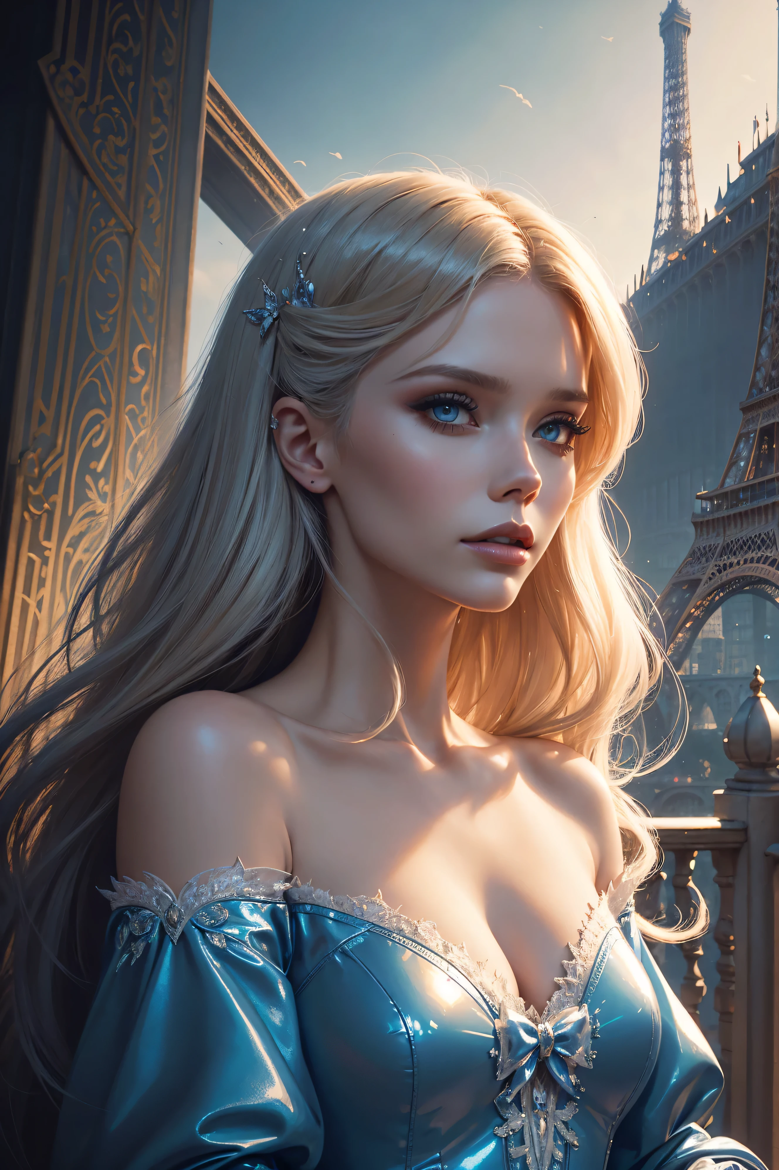 portrait Abbey Lee wearing Cinderella latex, against the background of the Eiffel Tower, character portrait, 3 9 9 0 s, long hair, intricate, elegant, highly detailed, digital painting, artstation, concept art, smooth, sharp focus, illustration, art by wlop, charlie bowater and alexandra fomina