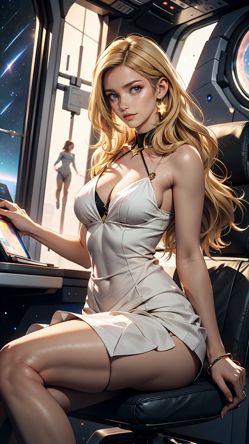 A young sexy woman with long blonde hair and sexy clothes sits in a spaceship seat、A beautiful starry sky can be seen from the window.。