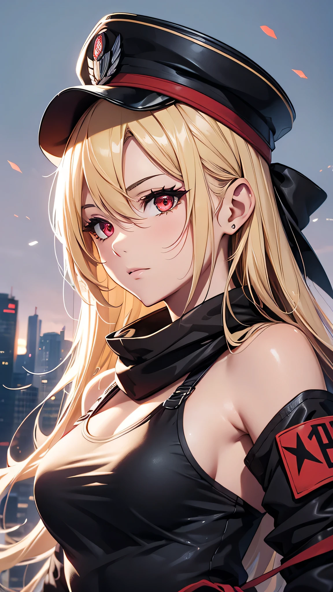 最high quality、Best image quality、masterpiece、girl((Age 25、 By becoming、Best Bust、Medium Bust,Wide open breast tea、Red glowing eyes,Blonde、Red Mesh、Disheveled Hair、Lointail、thin,The highest valley、Open chest、Luminous Wristbands、hair ornaments、Show the whole body,Black tank top、Red Bandana、Shortuscular、revolver、scar、Military Cap、Shooting Pose、Full body scar、Fighting Pose、Short sleeve jacket)),high quality、Beautiful art、background((Photography room))、Flight、Flying debris、Written boundary depth、movie、Visual Arts、Perfect art、8K,Genuine,