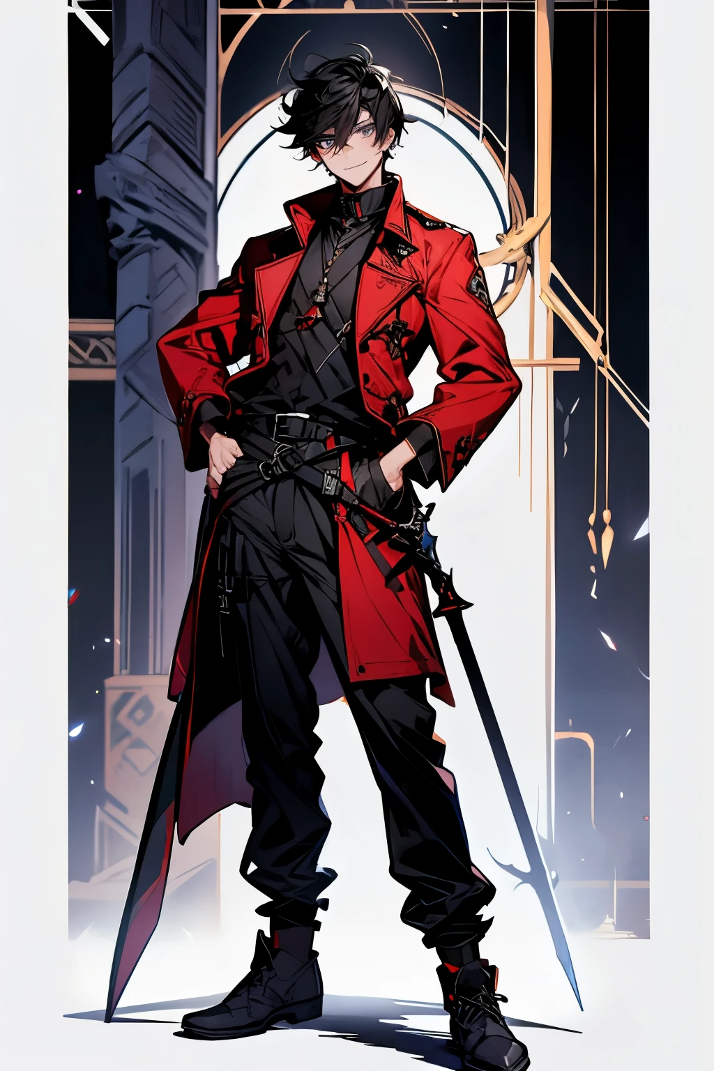 Masterpiece, highres, best quality, male, solo, short hair, black hair, blue eyes, smile facial, black shirt, red coat, black pants, red sword, crimson sword