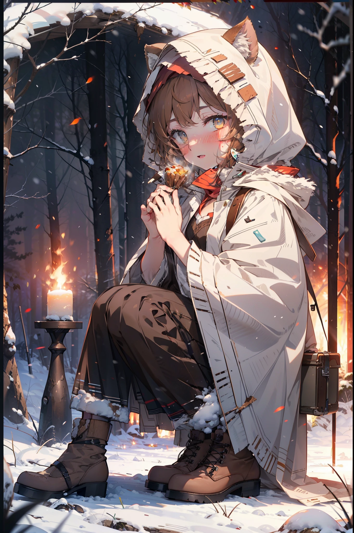 Lililukarde, Liliruka gets burned, Animal ears, (Brown eyes:1.7), Brown Hair, (Flat Chest:1.2), short hair,smile,blush,White Breath,
Open your mouth,snow,Ground bonfire, Outdoor, boots, snowing, From the side, wood, suitcase, Cape, Blurred, having meal, forest, White handbag, nature,  Squat, Mouth closed, Cape, winter, Written boundary depth, Black shoes, red Cape break looking at viewer, Upper Body, whole body, break Outdoor, forest, nature, break (masterpiece:1.2), highest quality, High resolution, unity 8k wallpaper, (shape:0.8), (Beautiful and beautiful eyes:1.6), Highly detailed face, Perfect lighting, Extremely detailed CG, (Perfect hands, Perfect Anatomy),