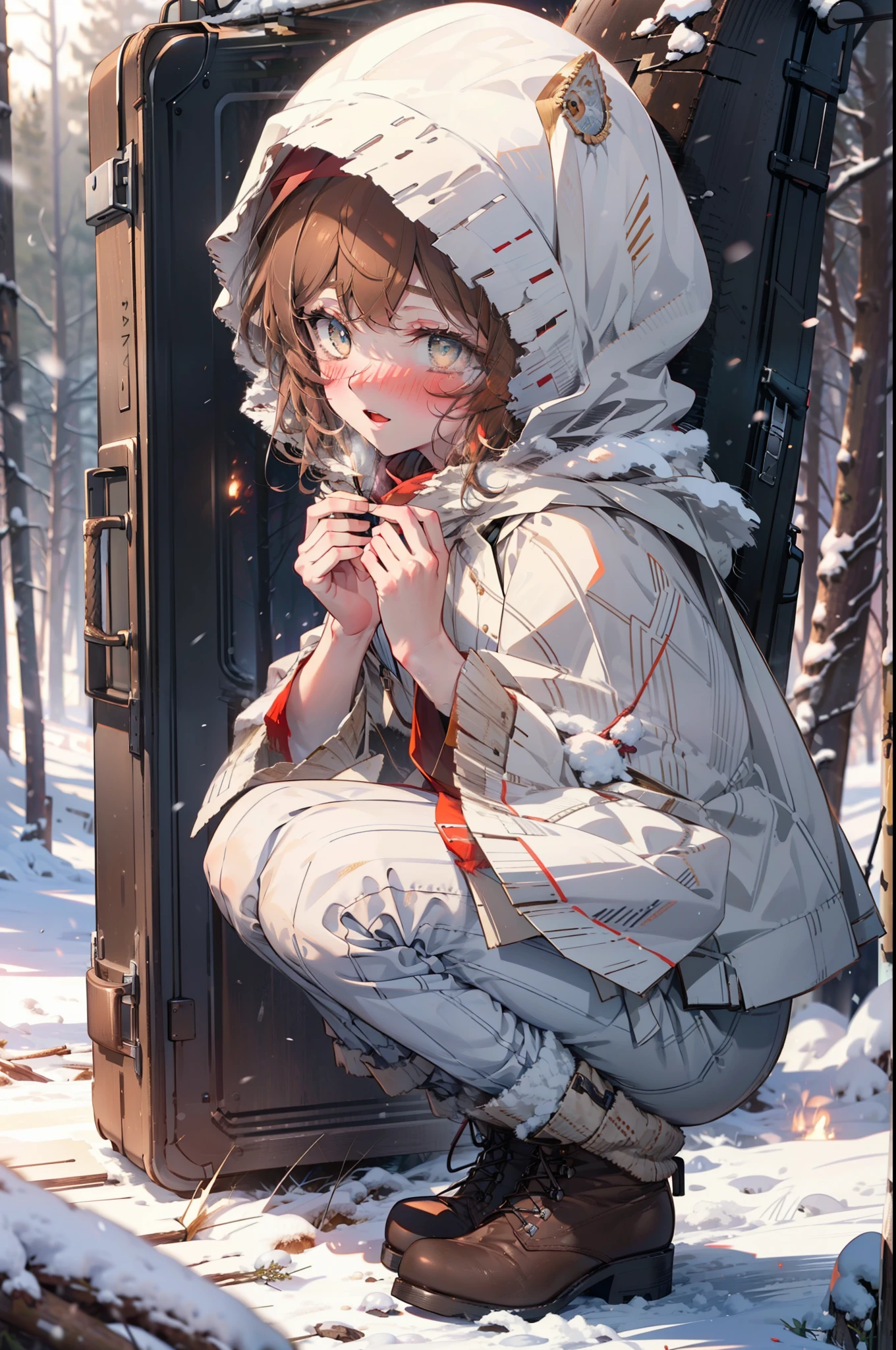 Lililukarde, Liliruka gets burned, Animal ears, (Brown eyes:1.7), Brown Hair, (Flat Chest:1.2), short hair,smile,blush,White Breath,
Open your mouth,snow,Ground bonfire, Outdoor, boots, snowing, From the side, wood, suitcase, Cape, Blurred, having meal, forest, White handbag, nature,  Squat, Mouth closed, Cape, winter, Written boundary depth, Black shoes, red Cape break looking at viewer, Upper Body, whole body, break Outdoor, forest, nature, break (masterpiece:1.2), highest quality, High resolution, unity 8k wallpaper, (shape:0.8), (Beautiful and beautiful eyes:1.6), Highly detailed face, Perfect lighting, Extremely detailed CG, (Perfect hands, Perfect Anatomy),