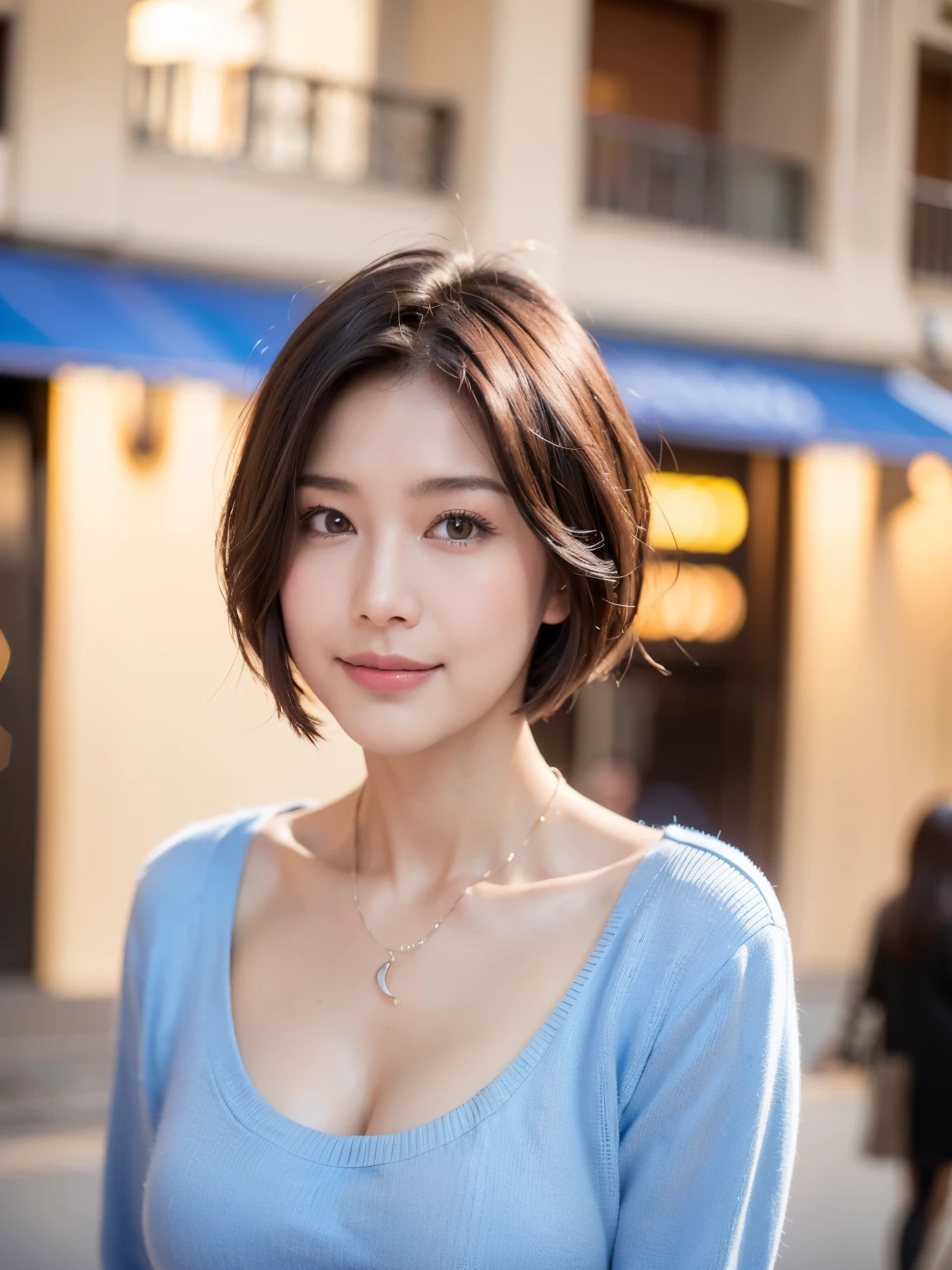 (highest quality, 8k, 32k, masterpiece, Ultra-high resolution:1.2),Beautiful Japanese Women Photos, Large Breasts, Very short bob hair,whole body,Blue sweater, necklace, Simple Background,  View your audience,smile、（Italy:1.2）、（Rome:1.5）、（Spanish Steps:1.4）、（Illuminated by the morning sun：1.4）