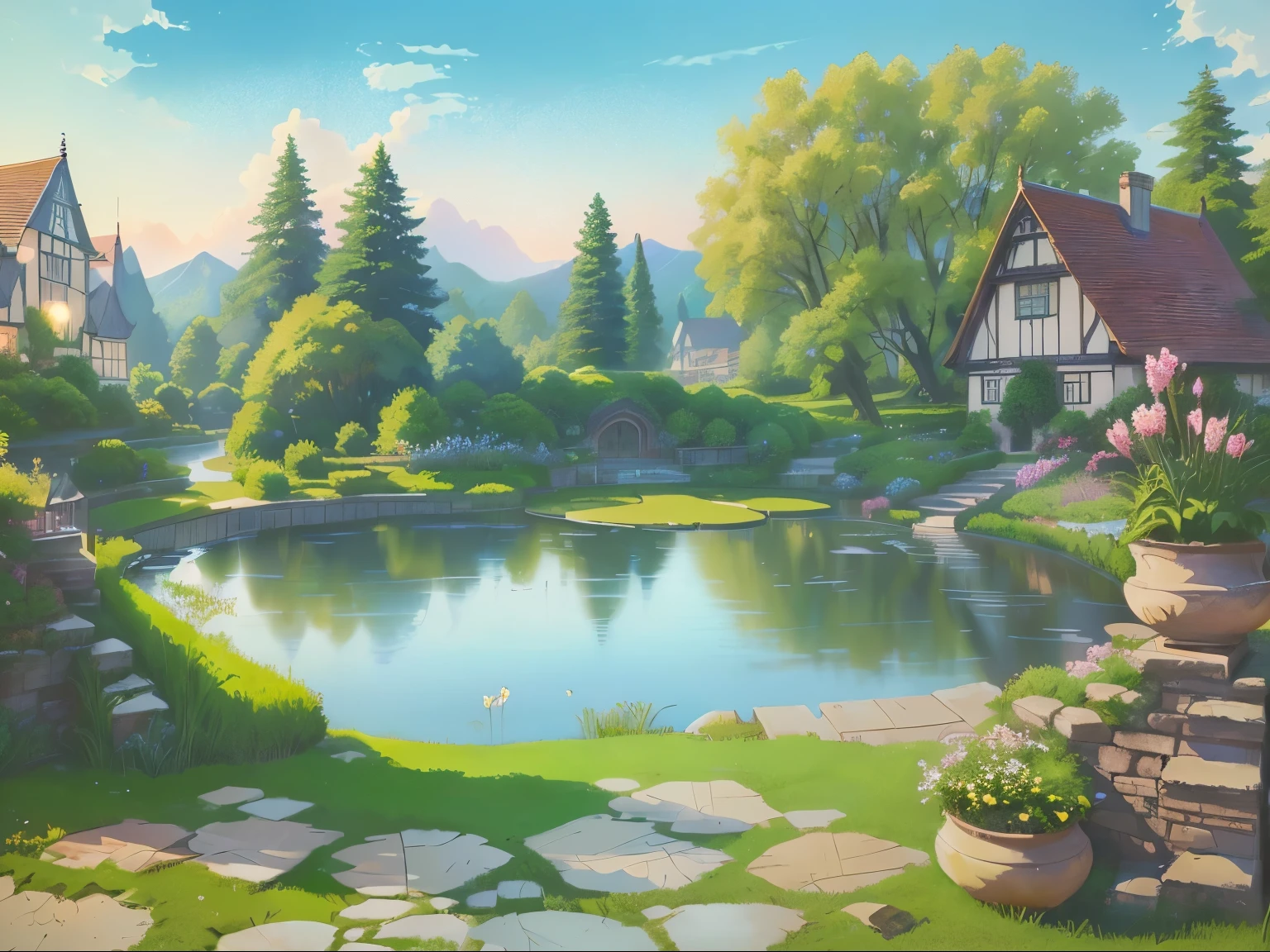 There is a painting，There is a garden in the painting，There is a pond and a house inside, Fairy tale style background, background technologywork, anime rural scenery, background technology, Garden Background, royal Garden Background, Detailed scenery —width 672, A beautiful artistic illustration, pond landscape, garden pond scene, Landscape Art Detail, 2D Game Art Background, environment design illustration, anime background technology