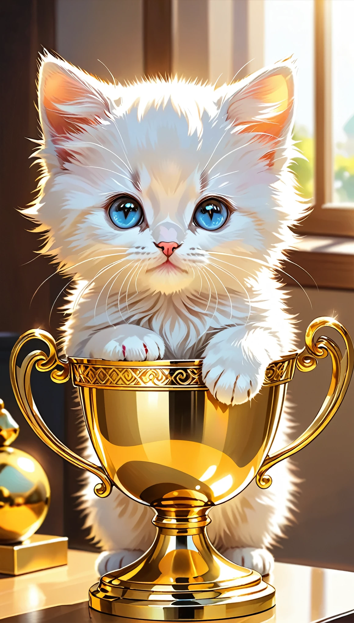 (highest quality:1.2, Very detailed, High Contrast, masterpiece:1.2, highest quality, Best aesthetics), (((Peeking out from inside the trophy)Cute kitten、Shiny golden trophy))、View from above、Adorable eyes、playful look、Fluffy fur、Soft light shining through the glass、Subtle shadows on the kitten&#39;s face、Delicate whiskers、small、Button Nose、Little pink tongue、Trophy surface reflection、Painted detail on the base of the trophy、Golden engraving on trophy、Atmosphere of triumphant achievement、Background colorful confetti
