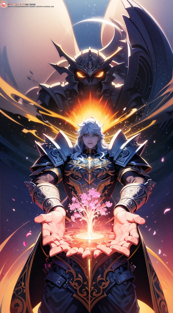 Alafi wears white and gold clothing,There is a pink flower on it, detailed digital anime art, detailed anime art, detailed anime artwork, 8k high quality detailed art, intricate ornate anime cgi style, beautiful armor, sliver ice color reflected armor, anime art wallpaper 4k, anime art wallpaper 4 k, stunning armor, detailed key anime art, anime fantasy artwork