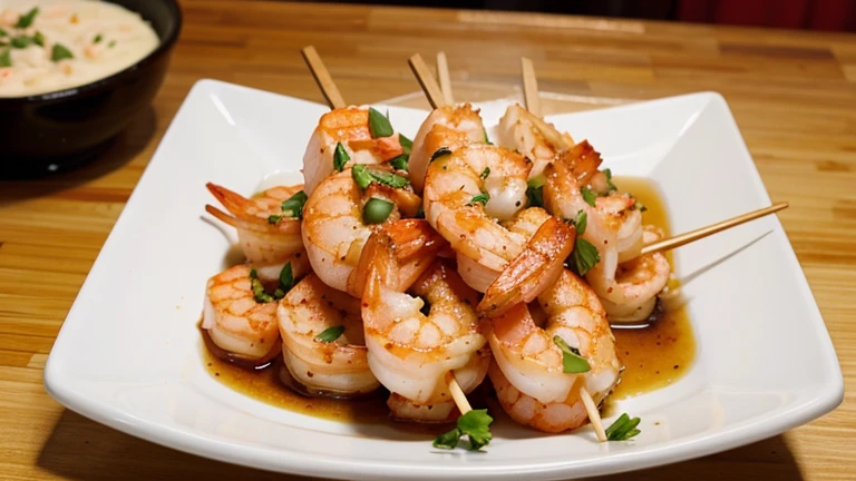 A delicious dish of shrimp skewers.