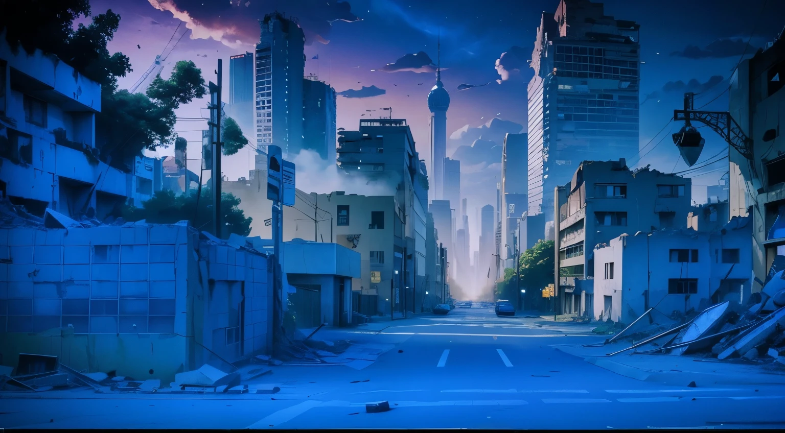 city, destroyed, rubble, night, anime, background