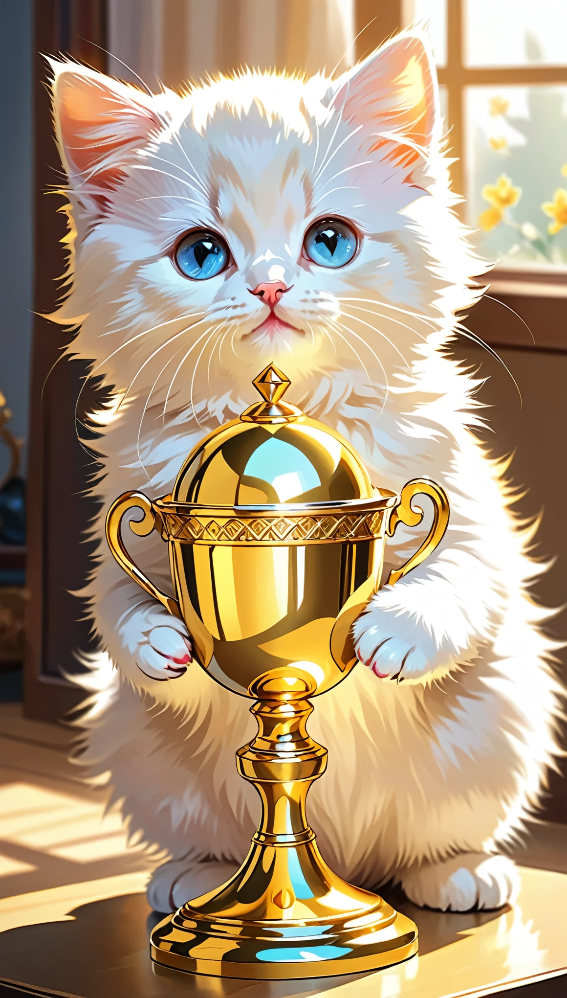 (highest quality:1.2, Very detailed, High Contrast, masterpiece:1.2, highest quality, Best aesthetics), (((Get inside the trophy)Cute kitten、Shiny golden trophy))、View from above、Adorable eyes、playful look、Fluffy fur、Soft light shining through the glass、Subtle shadows on the kitten's face、Delicate whiskers、small、Button Nose、Little pink tongue、Trophy surface reflection、Painted detail on the base of the trophy、Golden engraving on trophy、Atmosphere of triumphant achievement、Background colorful confetti