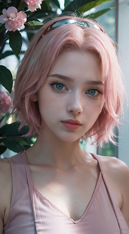 young woman, short shoulder-length pink hair, wide forehead, porcelain skin, pink eyebrows, big emerald green eyes, buttoned nose, full lips, heart-shaped face, slender body, small breasts, red tank top, Sakura Haruno , realistic, realism, details, 3d, well detailed