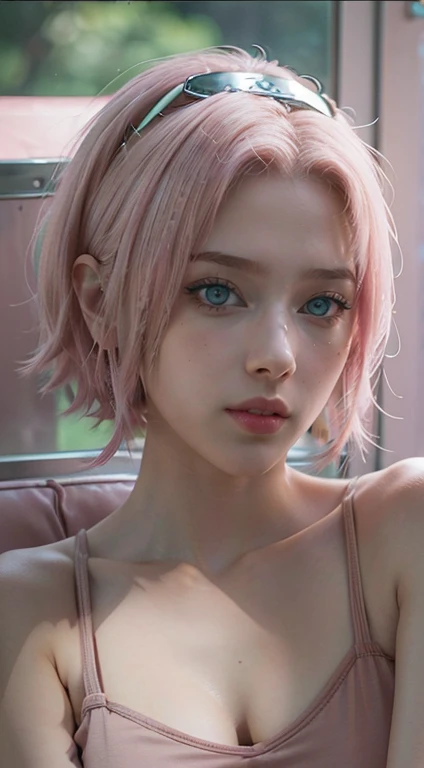 young woman, short shoulder-length pink hair, wide forehead, porcelain skin, pink eyebrows, big emerald green eyes, buttoned nose, full lips, heart-shaped face, slender body, small breasts, red tank top, Sakura Haruno , realistic, realism, details, 3d, well detailed
