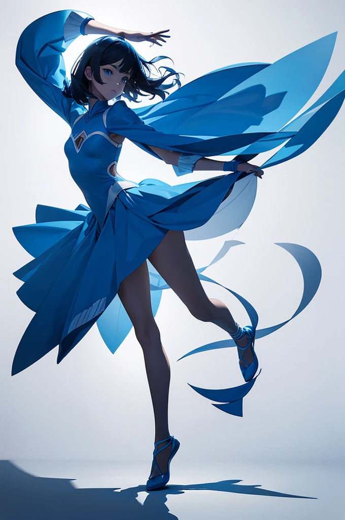 paper cutout art,white background,blue paper,delcate cutout,graftical designed,floating dancer,shadow,
