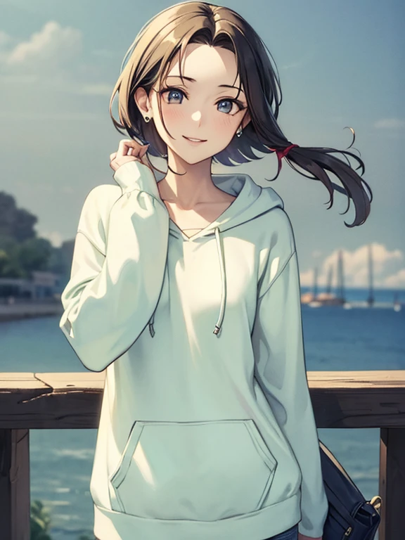 masterpiece, highest quality, High resolution,alone,Two-tone hair, Small earrings,Artistic,Best lighting,casual,Flat Chest,Beautiful Face,expensive,smile,light makeup,natural,27 years old,Calm woman,Hair blowing in the wind,Blurred Background,Detailed Hair,A woman laughing,Woman wearing a hoodie,Woman with her hair tied up,Forehead,short hair,Waterfront,Watercolor,whole body,An illustration