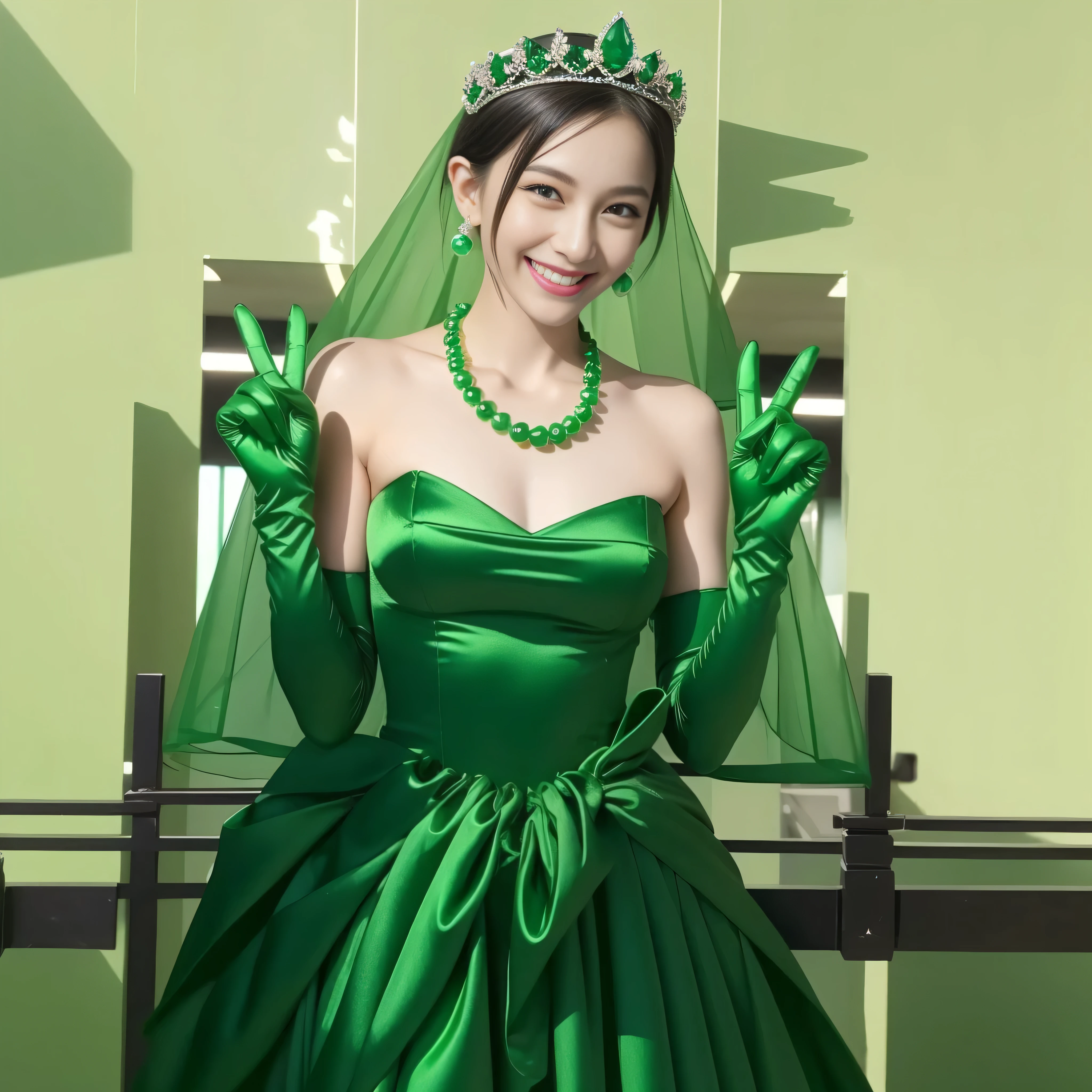 Emerald tiara, Green Pearl Necklace, Boyish very short green hair, lipstick, Smiling Japanese woman, Very short hair, Big tits beautiful, Green Eyes, Long green satin gloves, Green Eyes, v sign, Emerald Earrings, Green Veil
