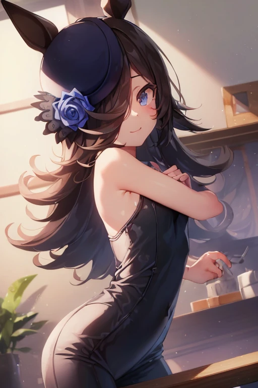 (Tabletop.highest quality).(Dynamic Angle). (CG paintings with impressive detail),(Perfect image)、Comic Strip.shape.1 girl.Detailed face、Perfect Face.Delicate face、A girl in a delicate uniform、rough skin、Black Hair.length、(Umamimi Girl)Umamimi Girl、((Beautiful Blue Eyes)).Delicate and Beautiful Eyes、Beautiful Eyes、Reflected Eyes、smile.(Looking at the audience:1.3).(Face is a little red:0.8)、8k wallpaper、Cowboy Shot、reflected light、Most detailed、Complex、Delicate background、rough skin、Fine skin、(Super Resolution)、Wear a uniform