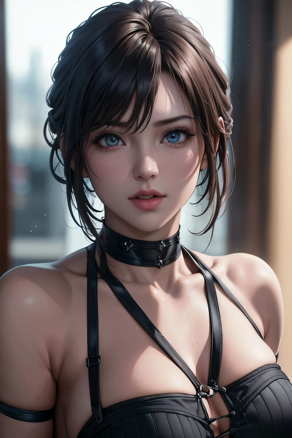 (Best quality at best), (tmasterpiece), (A high resolution), (Complicated details:0.2),(profesional lighting), sobu, detailedbackground, Oversized black T-shirt, cropped shoulders, (Previous view), 1 plump girl, Alone, (Nice face:1.40), Slim, delicate skin, ssmile, Long brown ponytail, skyblue eyes, (Medium beast:1.10), see in viewer, (Colossal tits,Huge cleavage)