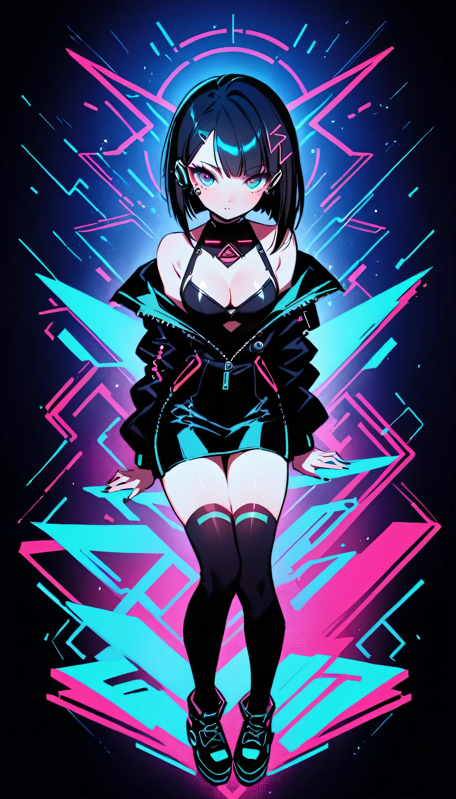 One girl, cyber punk, (whole body:1.1), Knee socks, Cleavage, Perfect Eyes, Perfect Face, Kuvshinov, Cyberpunk City,neon