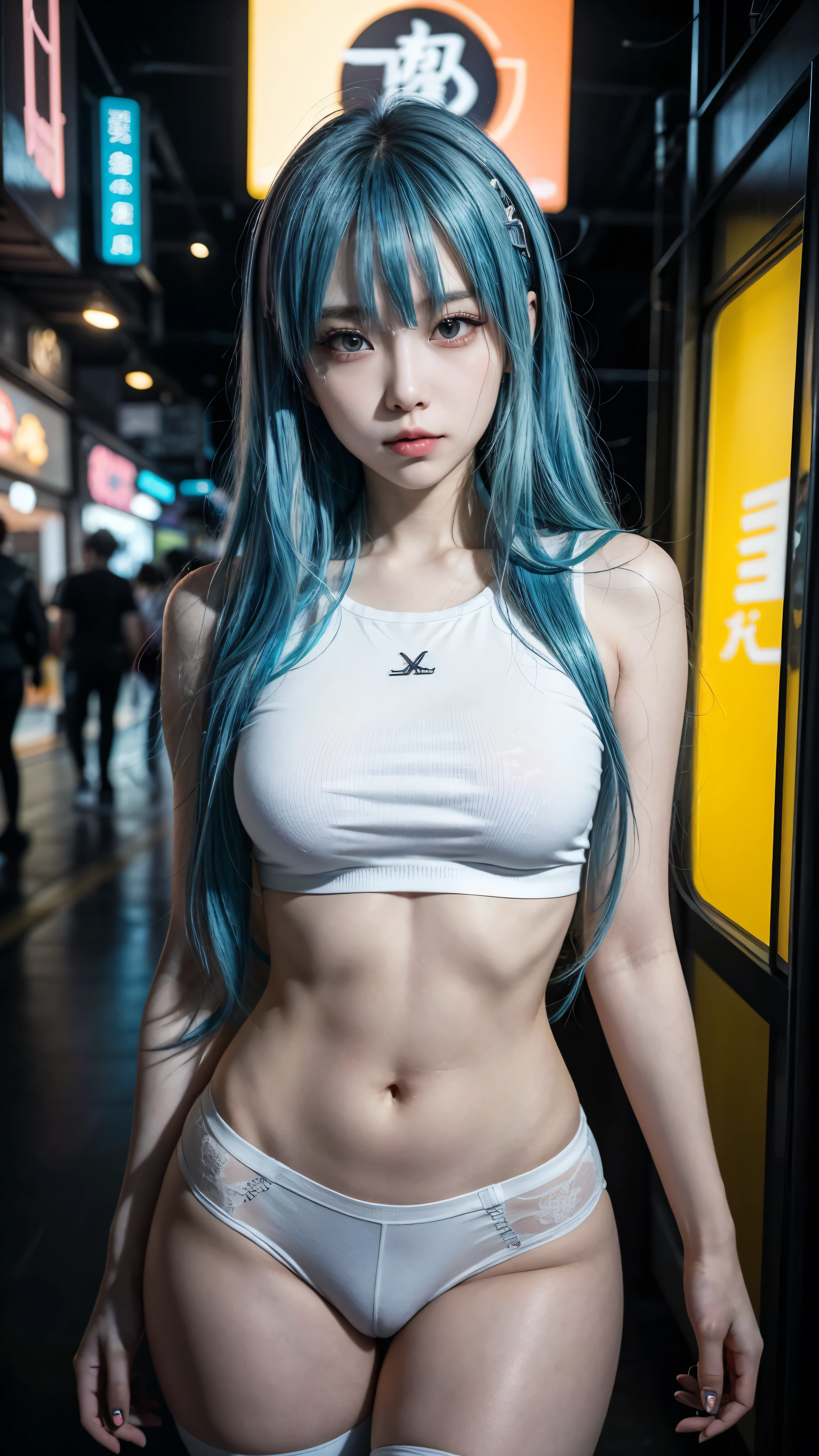 there is a woman with a blue hair and a white top, anime girl cosplay, inspired by Leng Mei, photo of slim girl model, anime girl in real life, seductive anime girl, cyberpunk 2 0 y. o model girl, chinese girl, female cyberpunk anime girl, photo of slim girl, beautiful cyberpunk woman model, anime cosplay, cosplay photo, cosplay