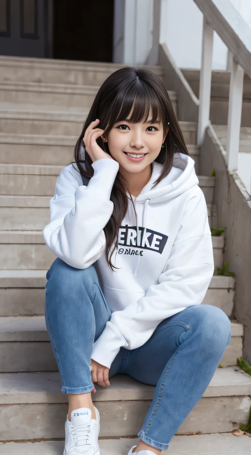 highest quality, Realistic, Very detailed, Finer details, High resolution, 8k wallpaper, One beautiful woman,Sit on the stairs、(Wear black socks)smile、(Beautiful teeth alignment、)(Gums are visible) Oversized hoodie, Skinny jeans,( Black sneakers)、Black Hair、 Beautiful Bangs、ear piercing、Perfect dynamic composition, Beautiful and detailed, Full Body Shot, A big smile