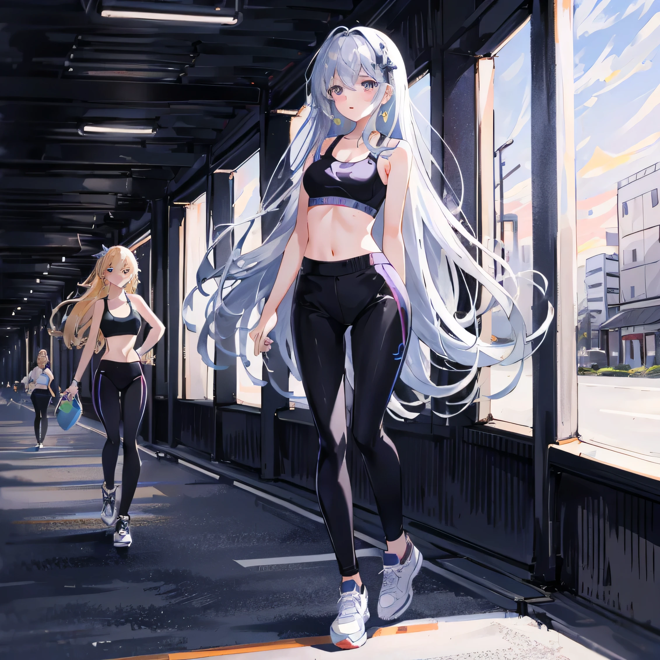 highest quality,
4K,
8k,
Detailed face,
Clear Face,
All the cute girls,
Becoming a couple with a mysterious girl,
Purple and white gradient long hair,
Both of them are wearing colorful sports bras and leggings.,
Everyone is indifferent to others,
kind,
Multipose,
group,
Full Body Shot