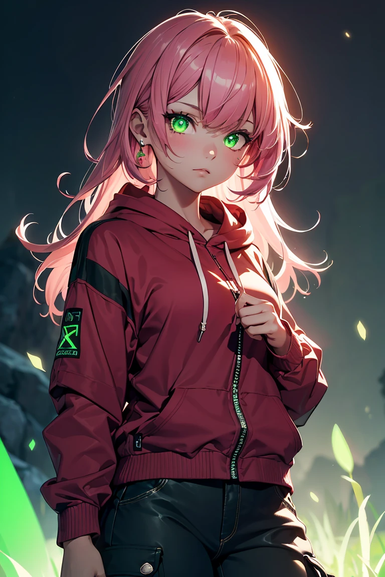 ((1 girl)), Mountaineering, hiking, disease, Red eyes, Red cheeks, Neon-colored hoodie, cargo pants,(Cowboy Shot) ,((Very detailed,highest quality, High resolution, 8k wallpaper, Beautiful clothes,)),((Pink Hair, Long Hair,Straight hair)), Expressionless, eye shadow, eyeliner,Glow Eye, Very detailedな目, Clear Eyes, Beautiful Eyes, ((Glowing green eyes)), 18-year-old girl.