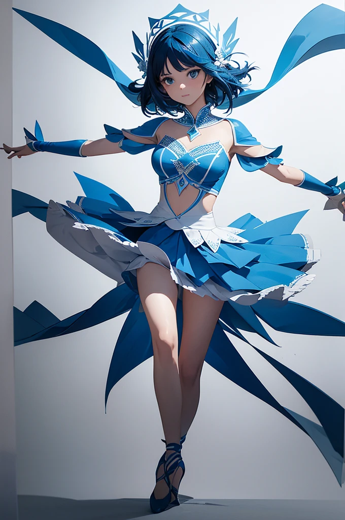 paper cutout art,white background,blue paper,delcate cutout,graftical designed,floating dancer,