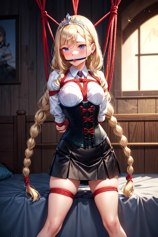 Shiny blond hair, very long hair, sophisticated haircut, ((((hair fully braided)))), ((small twisted braids)), thin and oval face, submissive, (((gagged))), ((((black tight corset)))), ((((tight skirt)))), cute and blushing 18 years old anime girl, look away because she is embarrassed and blushes, bright blue eyes, detailed face, detailed members, detailed arms, detailed hands, ((((sparkling diamond jewelry)))), tiara, ((makeup)), high heels, puffy sleeves, long gloves, long eyelashes, Girl lying, tied by ropes, shackled, can no longer move, tied tightly, very hard tied up with lots of ropes, hampered by so many ropes that she can no longer move, bound hands and feet, ropes tie his whole body, tied extremely tightly and forcefully to her bed by a lot of ropes, its limbs are strongly tied together by ropes, his torso is tied up with thick cords, her chest is so tied up with ropes that it sticks out, her legs are tied tightly with thick ropes, his hands are tied behind his back with ropes, she can no longer move her feet, her hands which are tied by thick ropes, she desperately tries to free herself, likes to be tied tight with big ropes, likes to be immobilized by big ropes, lying down, his hands and feet are strongly tied to the railing of his bed, his legs are pressed together and tied with ropes, its limbs are held vigorously by imposing ropes, her hands are tied securely behind her back by ropes, her chest is compressed by strong ropes, she is pressed against her bed and restrained by large ropes (shibari, arms behind the back:1.4), (hands on the back), (masterpiece, best quality) 1.5, 1girl, solo, (sexy, beautiful woman, perfect face, perfect eyes, perfect hands), samus aran, (shibari, arms behind the back:1.4), (hands on the back), Spread the legs, s&#39; ((lie in bed by big ropes)), ((close up of the girl)), ((((lie in bed))))