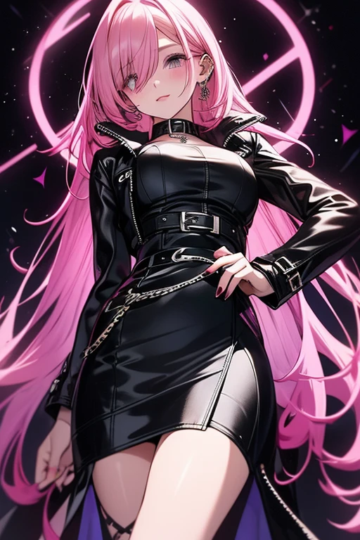A pink haired woman with violet eyes with an hourglass figure in a cool leather jacket and dress is blushing in a gothic libray