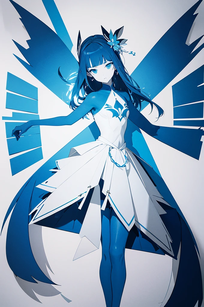paper cutout art,white background,blue paper,delcate cutout,graftical designed,floating dancer,