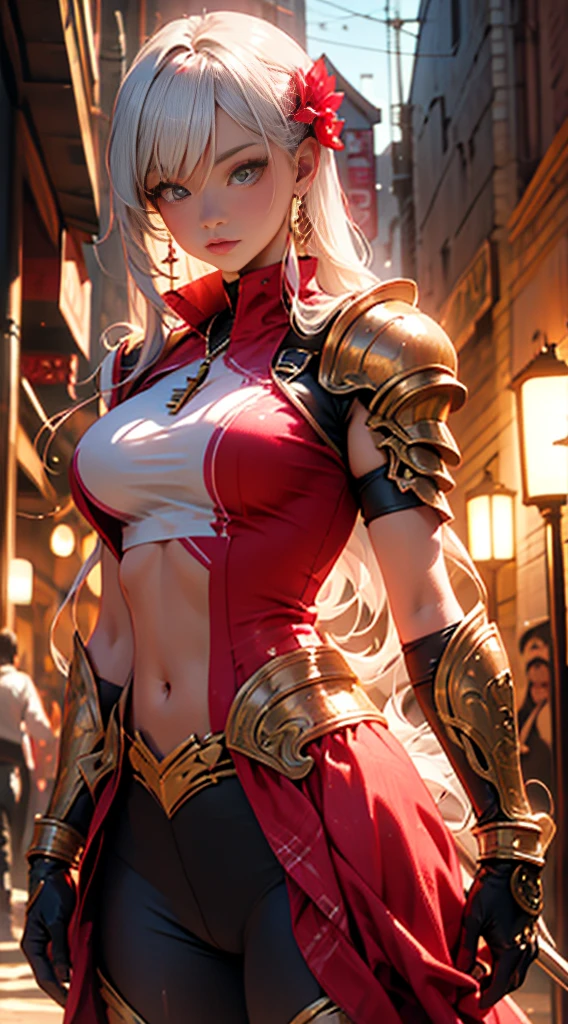 Alafi wears white and gold clothing，There is a pink flower on it, detailed digital anime art, detailed anime art, detailed anime artwork, 8k high quality detailed art, intricate ornate anime cgi style, beautiful armor, sliver ice color reflected armor, anime art wallpaper 4k, anime art wallpaper 4 k, stunning armor, detailed key anime art, anime fantasy artwork